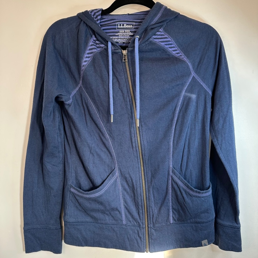 LL Bean Womens XXS REG Full Zip Hoodie Blue Cotton Blend Thumbholes‎